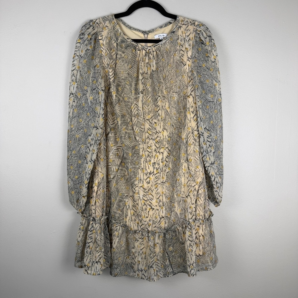 BTFL-Life Chiffon Mini Dress Women's S Beige Metallic Dot Classic Balloon Sleeve